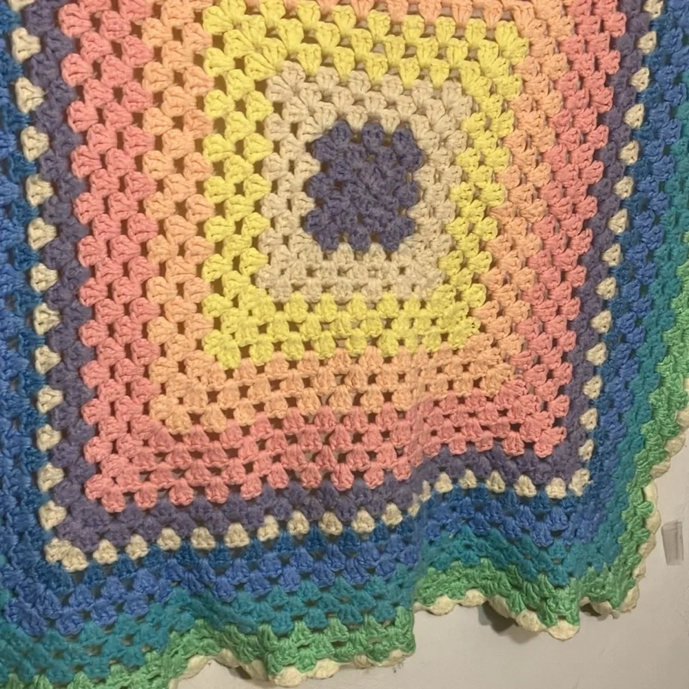 Wool crochet lap blanket in pastels 36 x 36”